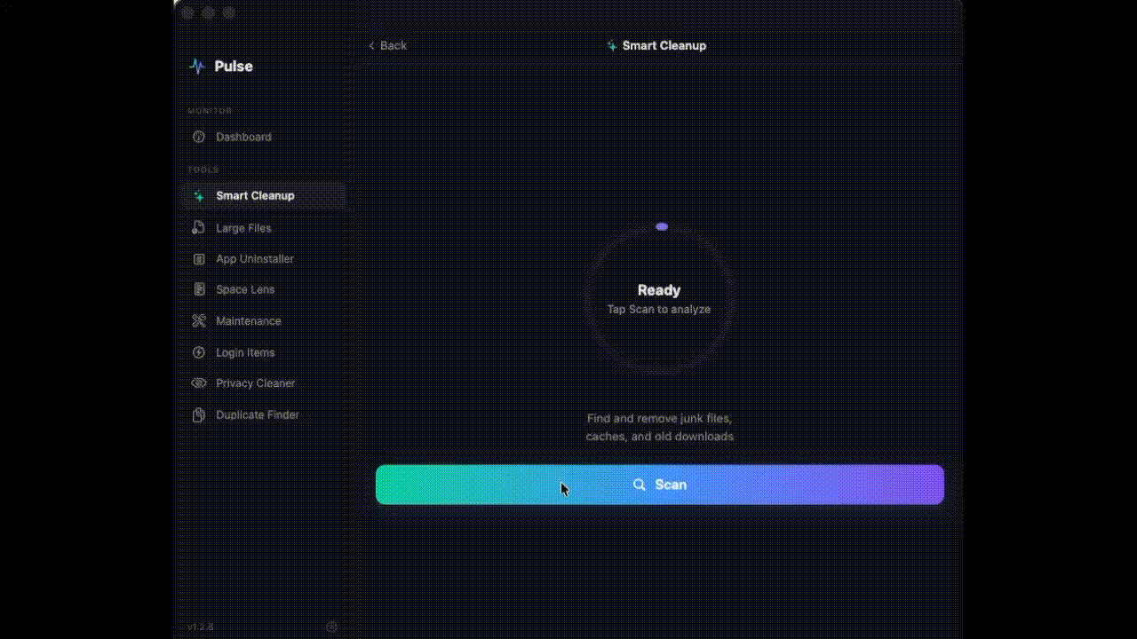Pulse Smart Cleanup animation: scanning then displaying GB to reclaim from System Cache, Application Logs, Downloads, and Xcode Derived Data