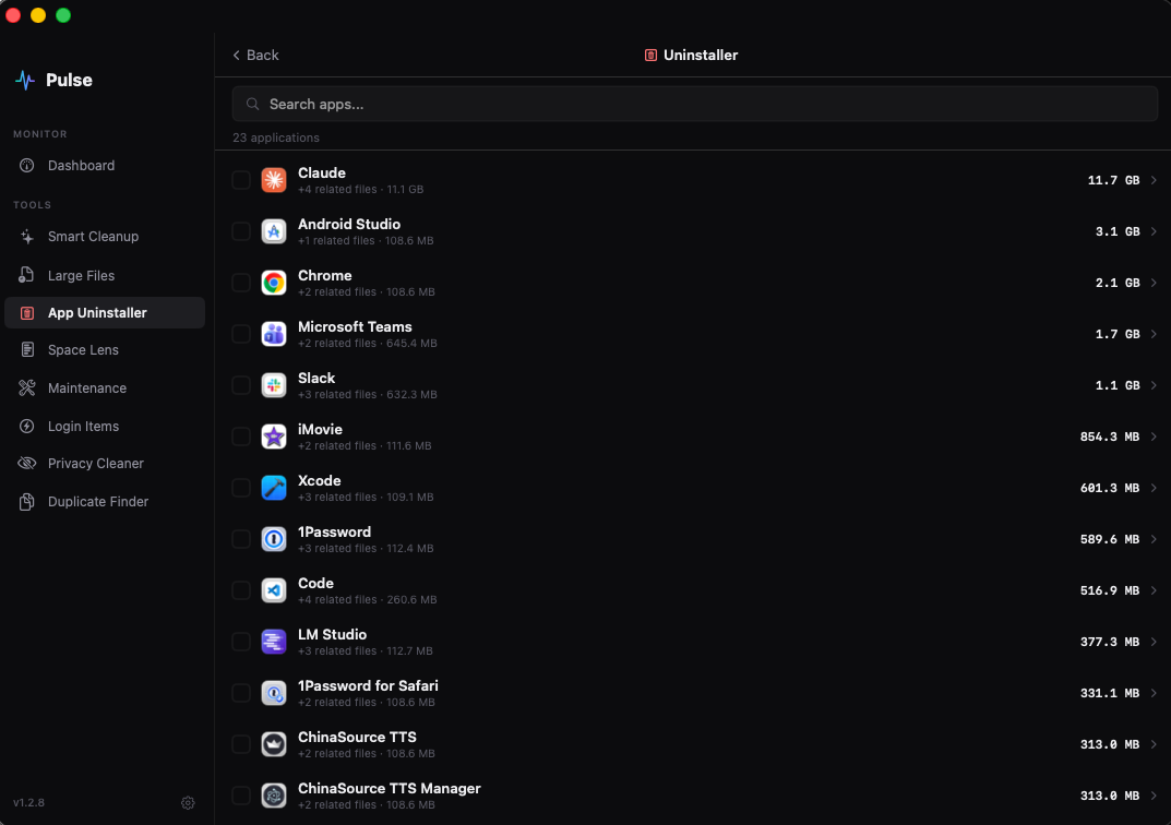 Pulse App Uninstaller listing 23 apps with related file counts and sizes